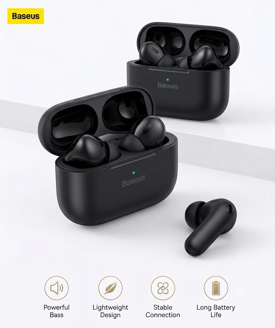 Baseus wireless earbuds with matte black charging case